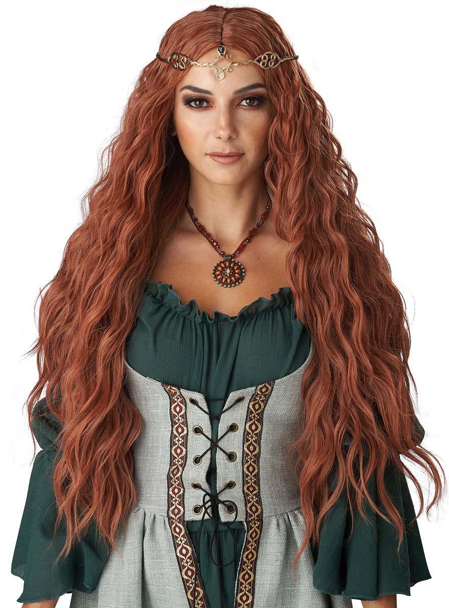 Extra Long Curly Auburn Renaissance Maiden Costume Wig for Women - Alt Front Image