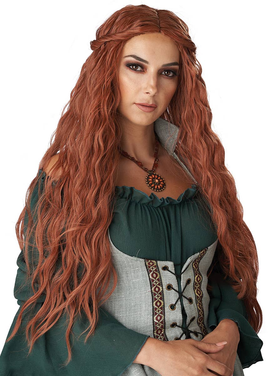 Extra Long Curly Auburn Renaissance Maiden Costume Wig for Women - Alternative Front Image