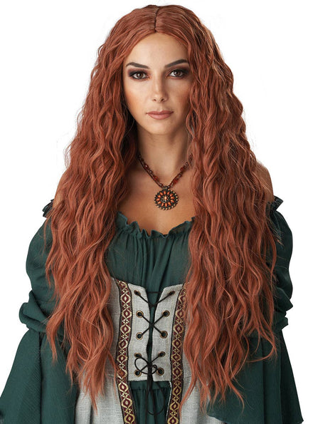 Extra Long Curly Auburn Renaissance Maiden Costume Wig for Women - Main Image