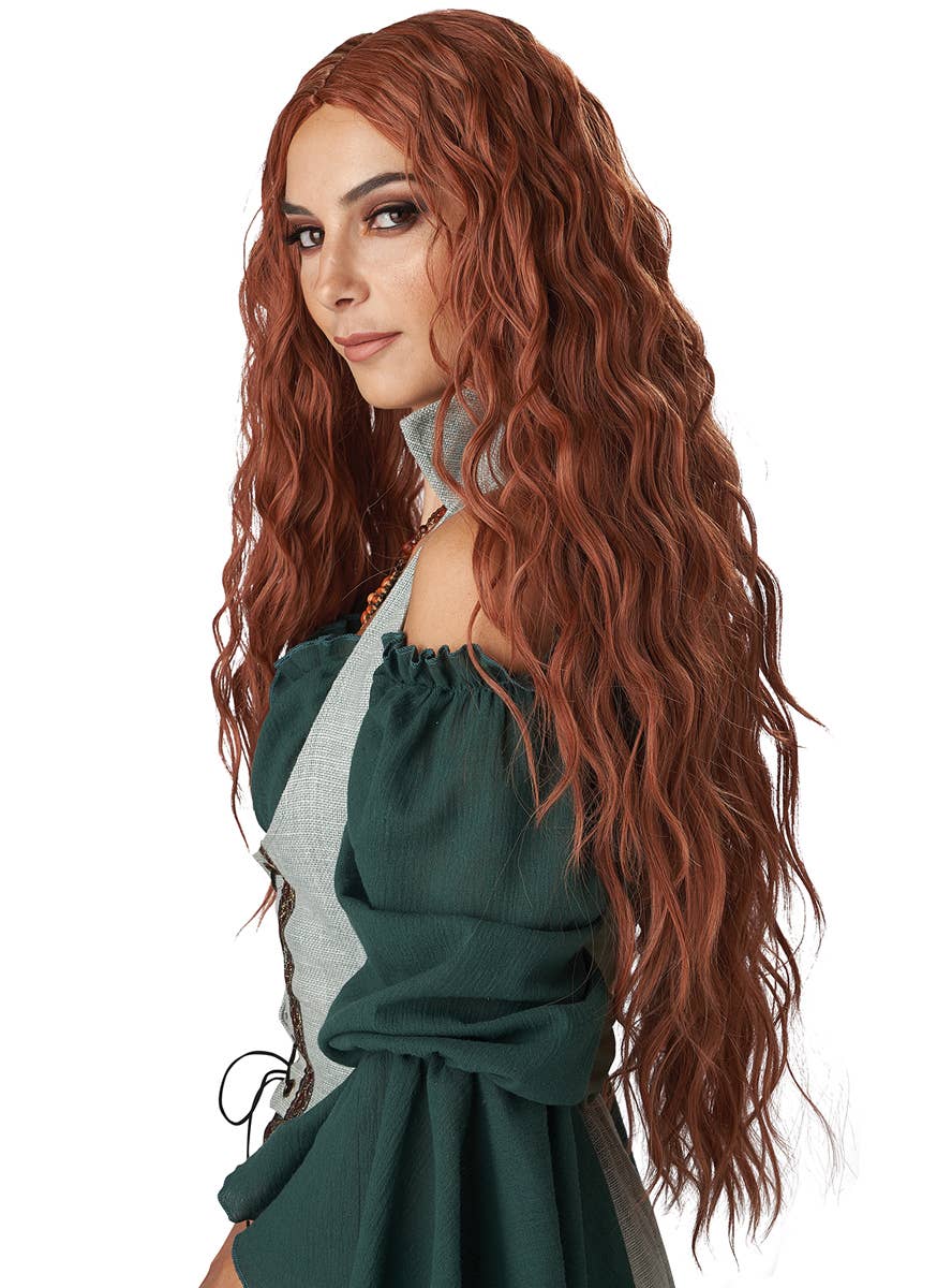 Extra Long Curly Auburn Renaissance Maiden Costume Wig for Women - Side Image