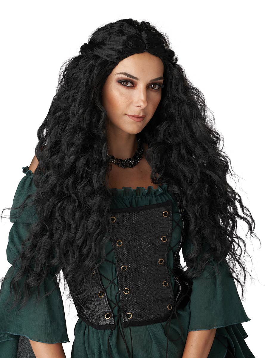 Extra Long Curly Black Renaissance Maiden Costume Wig for Women - Alt Image