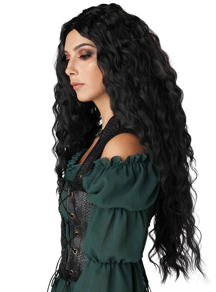 Extra Long Curly Black Renaissance Maiden Costume Wig for Women - Side Image