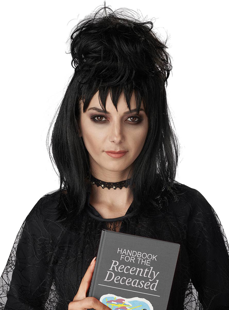 Black Mid Length Beetlejuice Lydia Costume Wig for Women - Front Image
