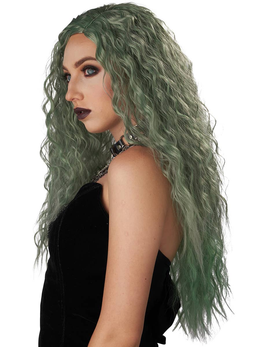 Long Wavy Sage Green Women's Costume Wig - Side Image