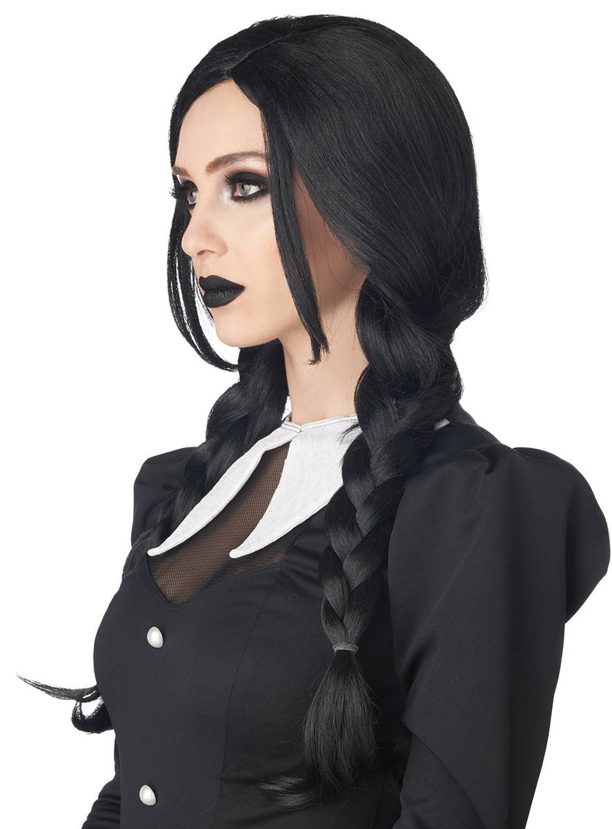 Long Black Wednesday Addams Inspired Braided Costume Wig for Women - Side Image