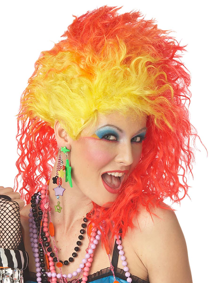 Red and Yellow Crimped Womens 80s Wig