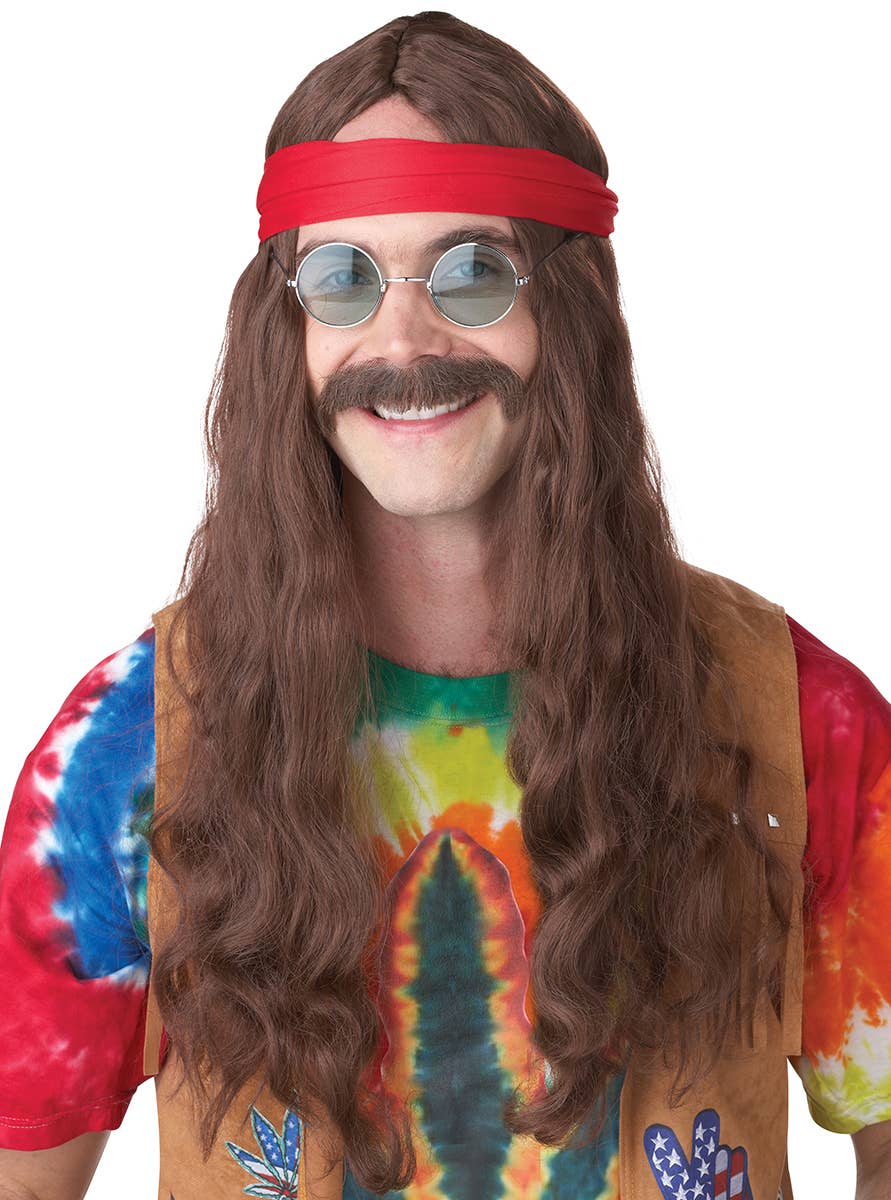 Men's 1970's Long Wavy Brown Hippie Man Costume Wig and Handlebar Moustache - Main Image