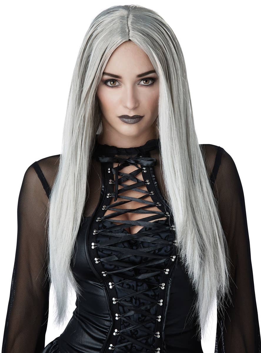 Women's Gothic Matriarch Long Grey And White Halloween Costume Wig Front View