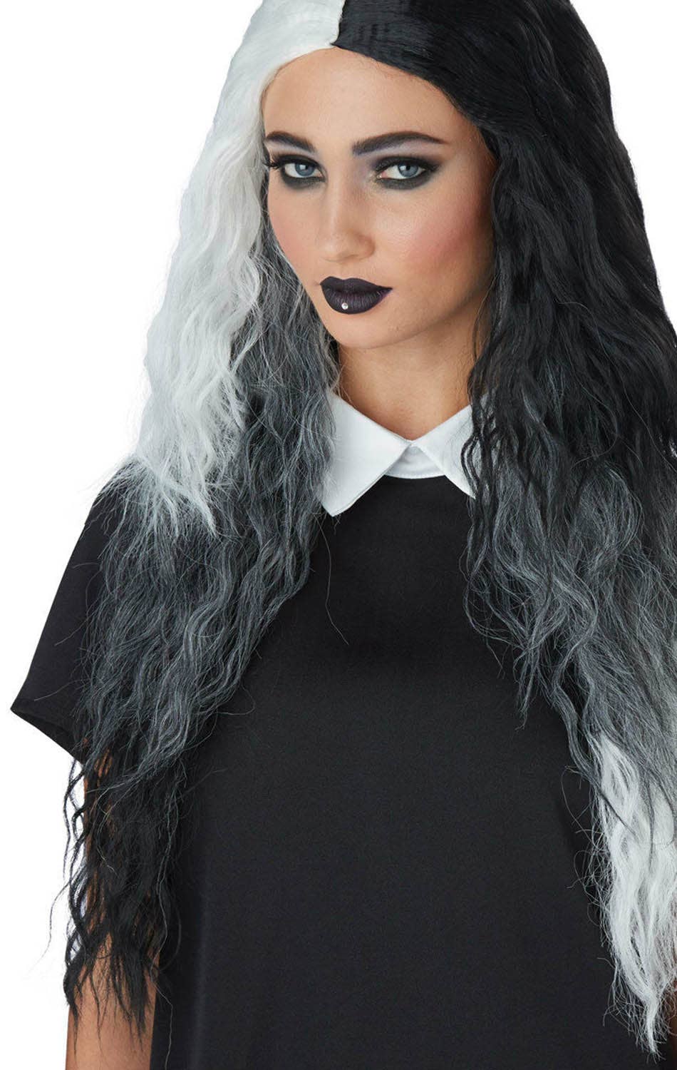 Women's Long Wavy Black Grey and White Halloween Costume Wig View 2