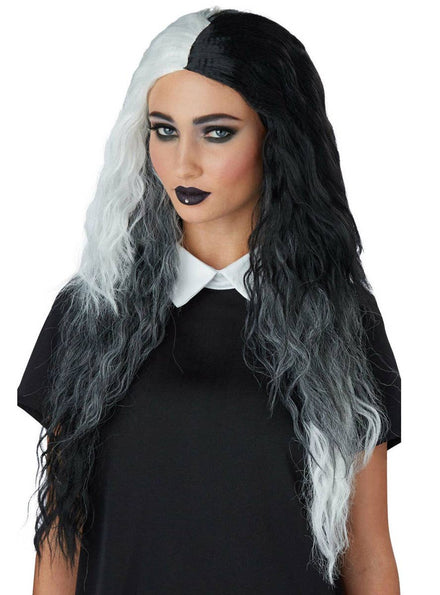 Women's Long Wavy Black Grey and White Halloween Costume Wig View 1