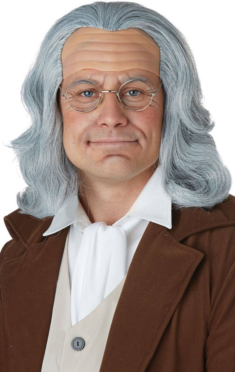 Men's Mid Length Grey Benjamin Franklin Costume Wig with Bald Cap Front Main Image  