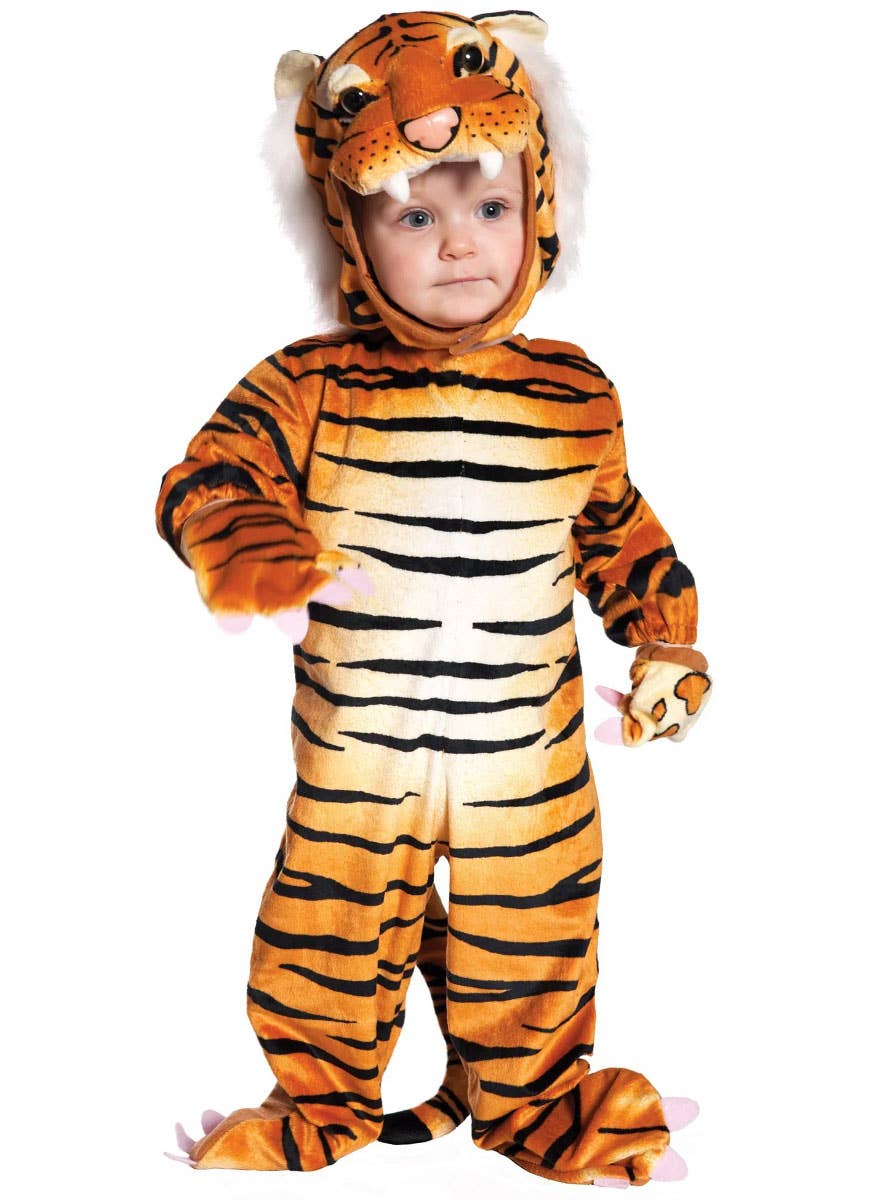 Image of Plush Orange Striped Kids Tiger Onesie Costume