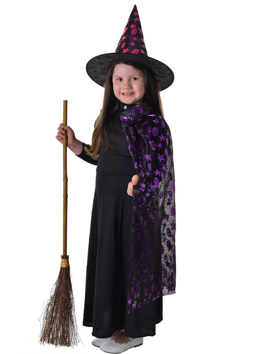 Image of Sparkly Kids Pink Witch Hat and Cape Costume Set - Front View