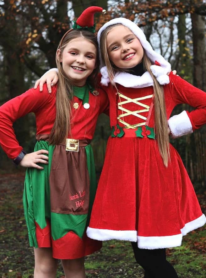 Green and Red Santa's Little Helper Christmas Elf Costume for Girls - Lifestyle Image 2