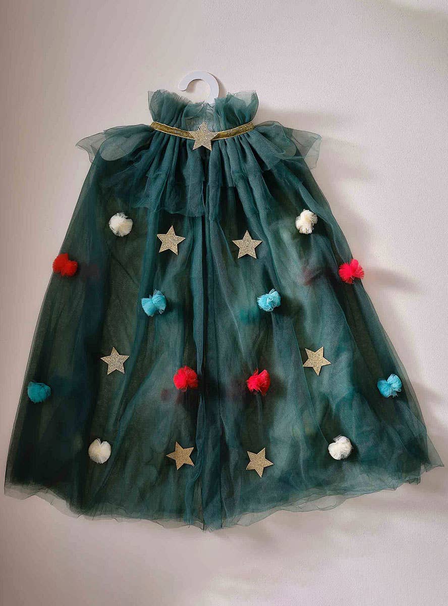 Image of Deluxe Girls Green Mesh Christmas Cape with Pom Poms - Alternate Image 1