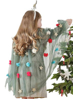 Image of Deluxe Girls Green Mesh Christmas Cape with Pom Poms - Main Image