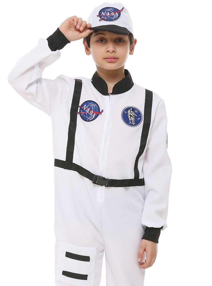 Image of NASA Inspired White Astronaut Space Suit Boy's Costume - Close View