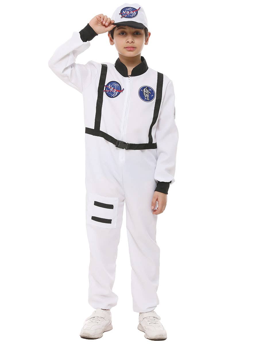 Image of NASA Inspired White Astronaut Space Suit Boy's Costume - Front View