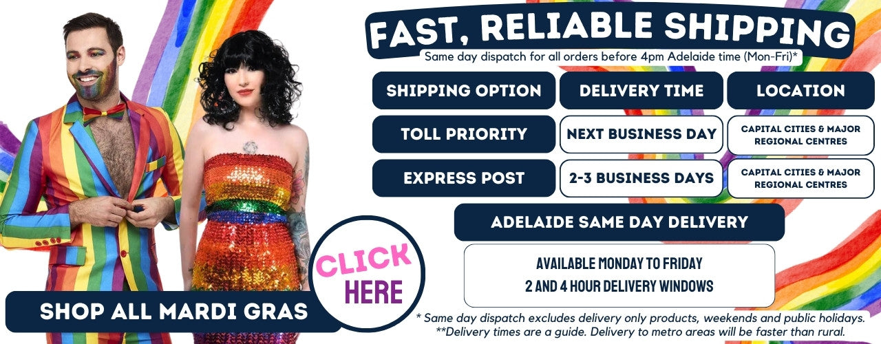 Click here to shop our Mardi Gras Range, Fast and Reliable Shipping available desktop banner