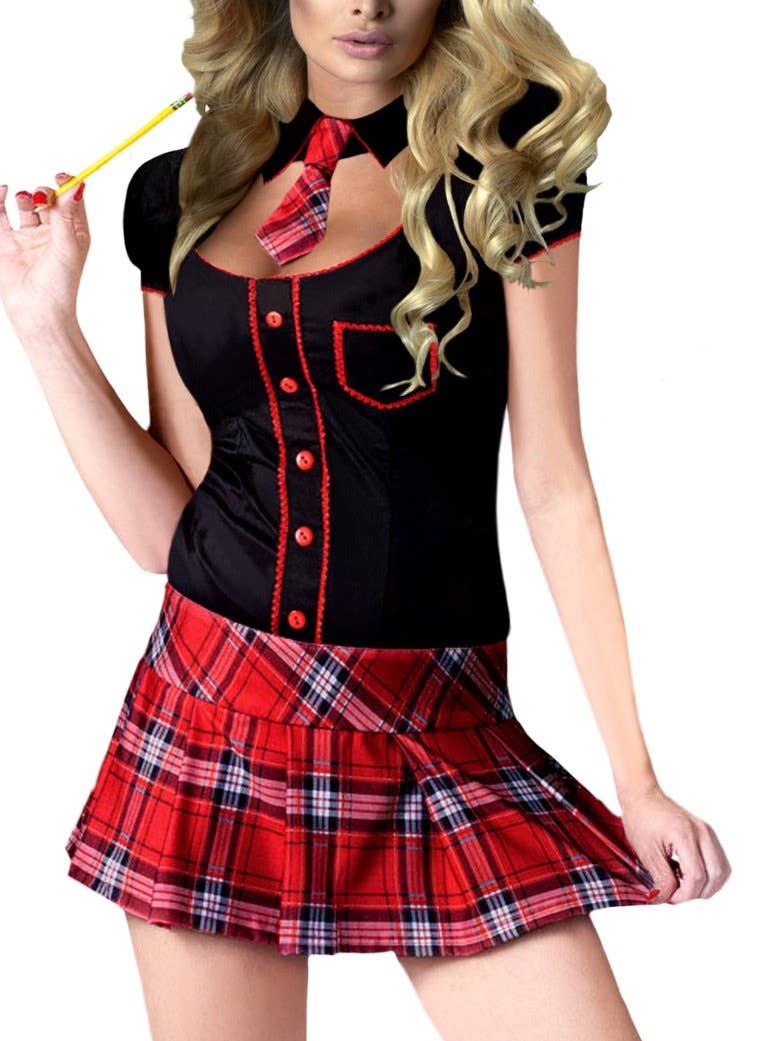 Close Image of Womens Red Tartan Schoolgirl Sexy Costume