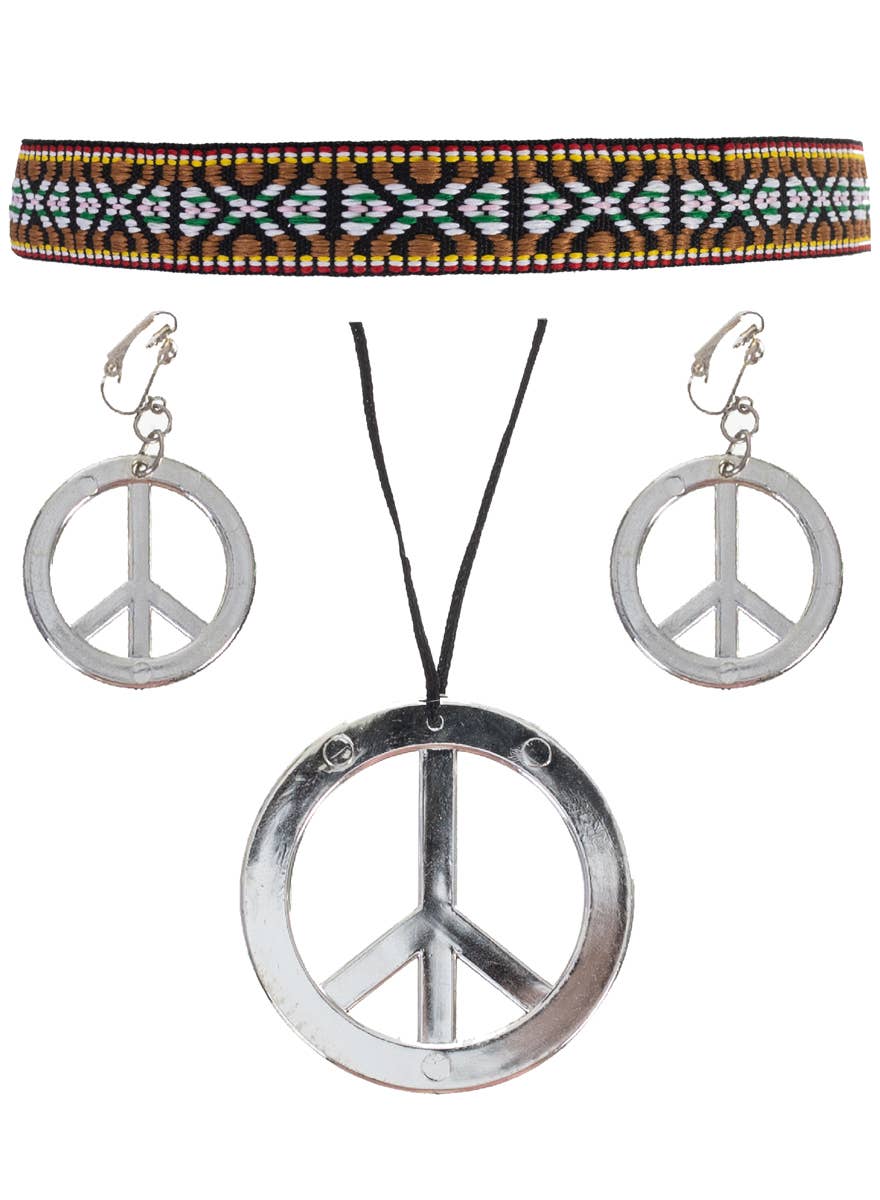 Silver Peace Sign Necklace, Earrings and Hippie Headband Accessory Set