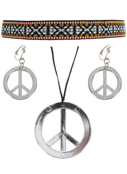 Silver Peace Sign Necklace, Earrings and Hippie Headband Accessory Set