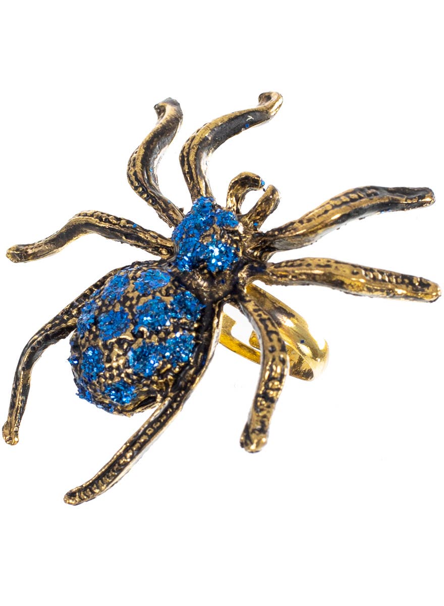 Gold and Blue Glitter Spider Halloween Ring - Alternate Image