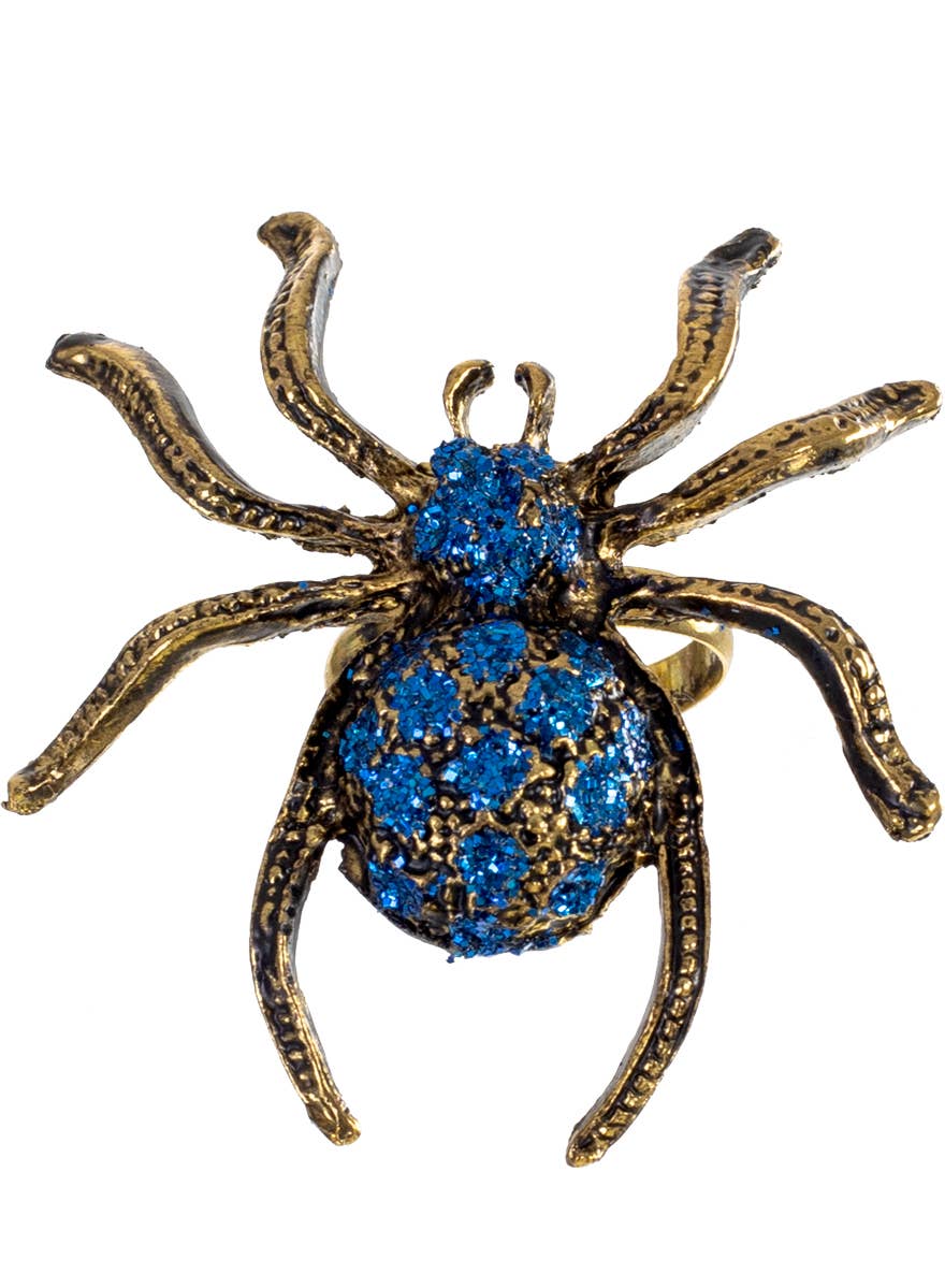 Gold and Blue Glitter Spider Halloween Ring - Main Image