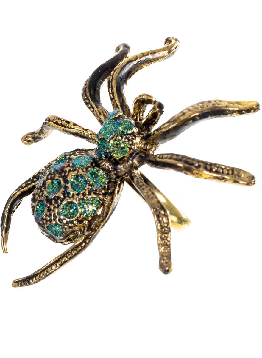 Gold and Green Glitter Spider Halloween Ring - Alternate Image