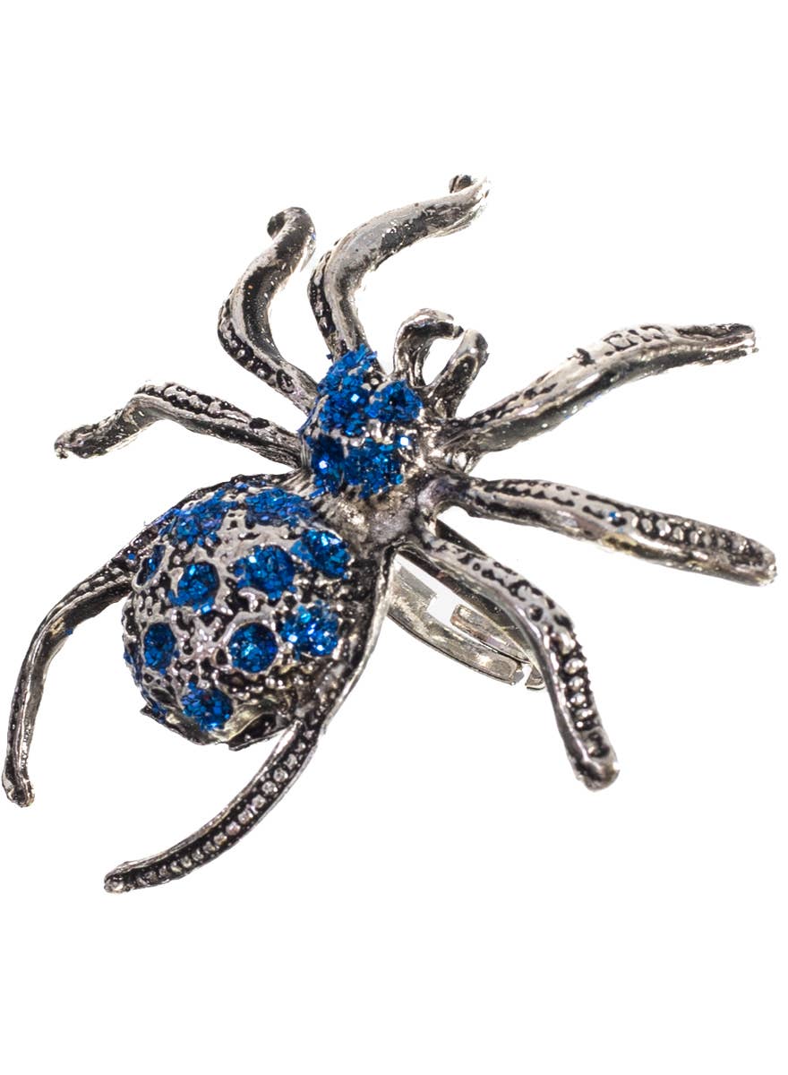 Silver and Blue Glitter Spider Halloween Ring - Alternate Image