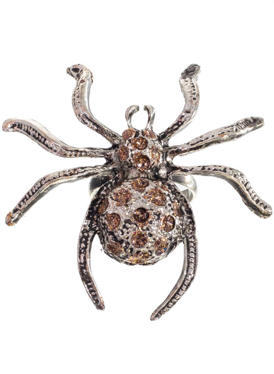 Silver and Brown Glitter Spider Halloween Ring - Main Image