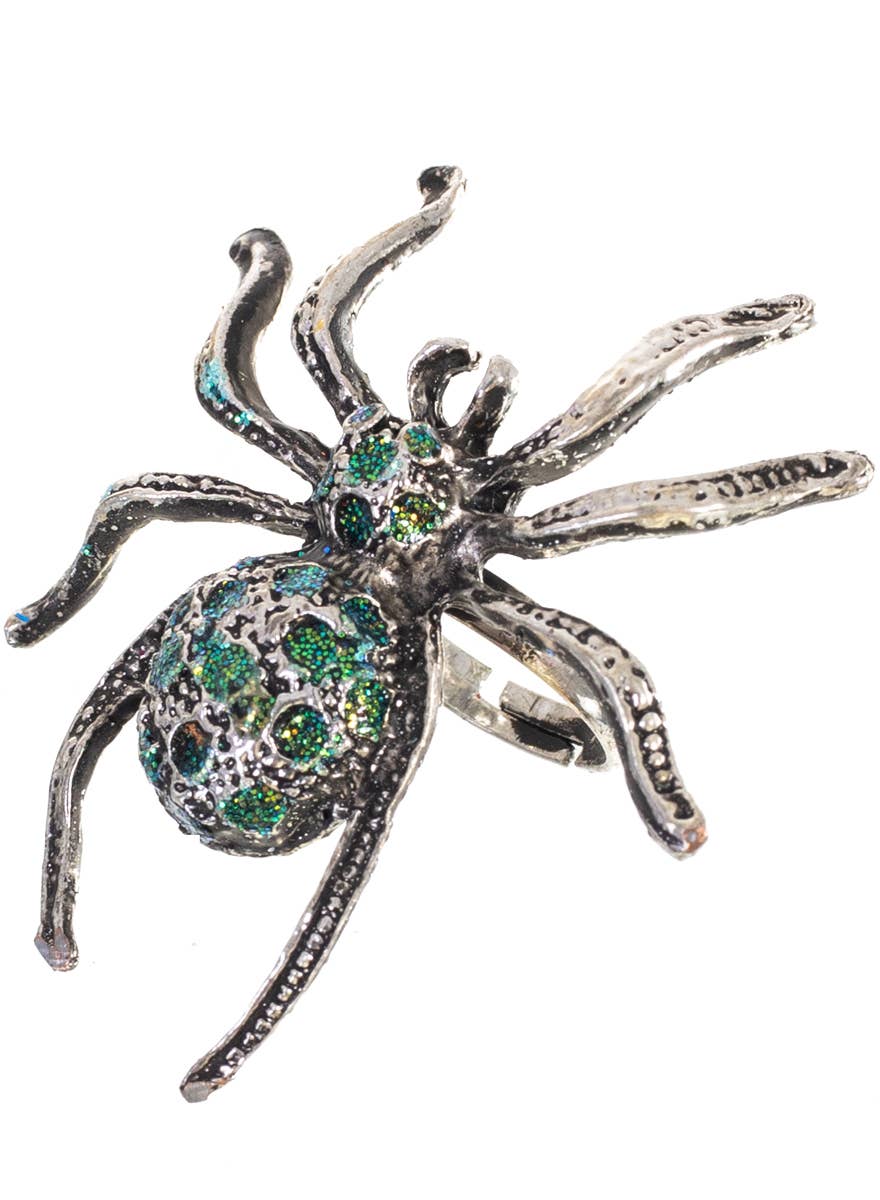 Silver and Green Glitter Spider Halloween Ring - Alternate Image