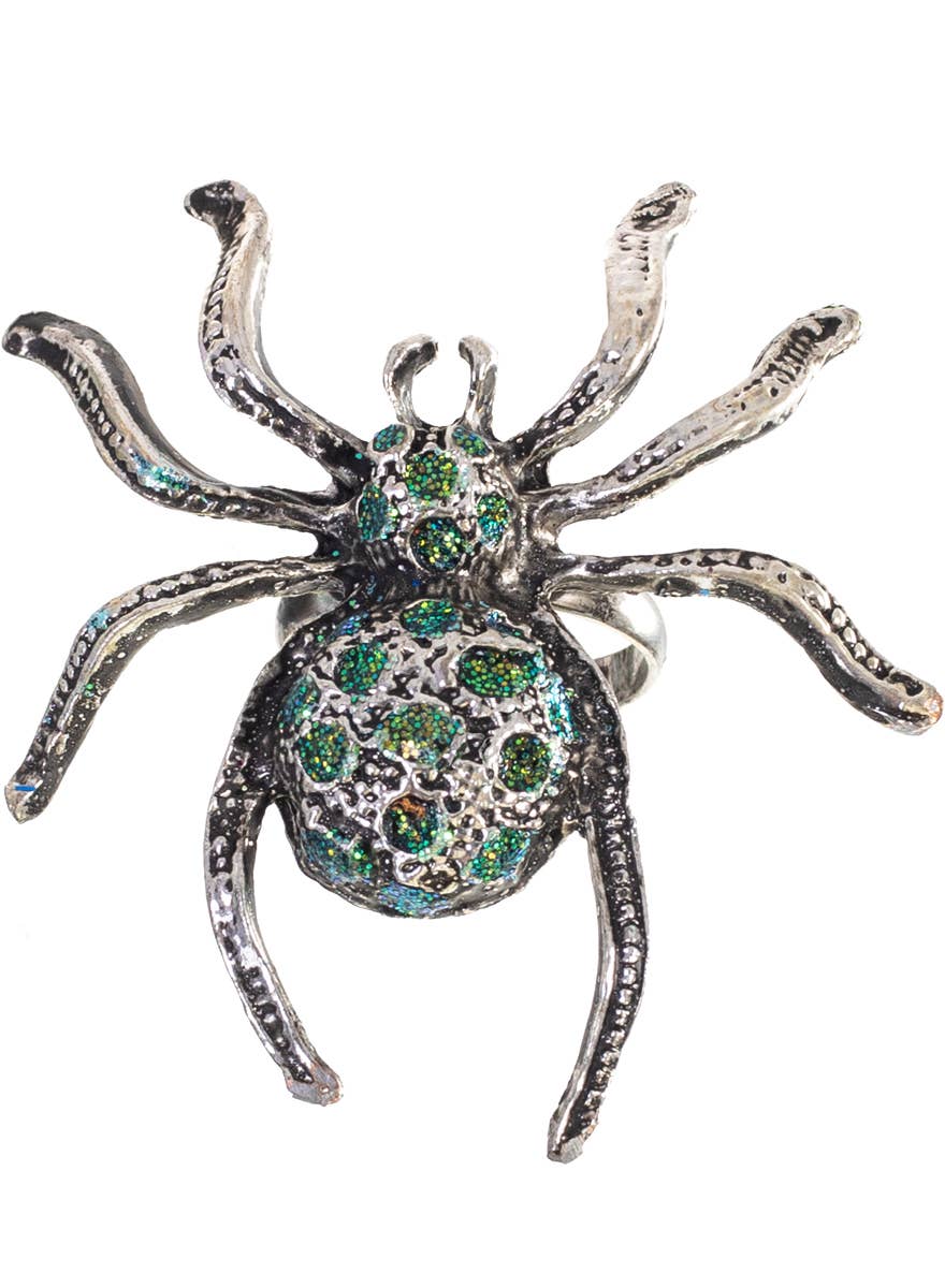 Silver and Green Glitter Spider Halloween Ring - Main Image