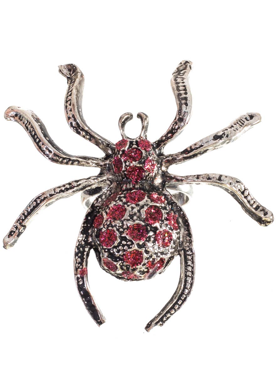 Silver and Pink Glitter Spider Halloween Ring - Main Image