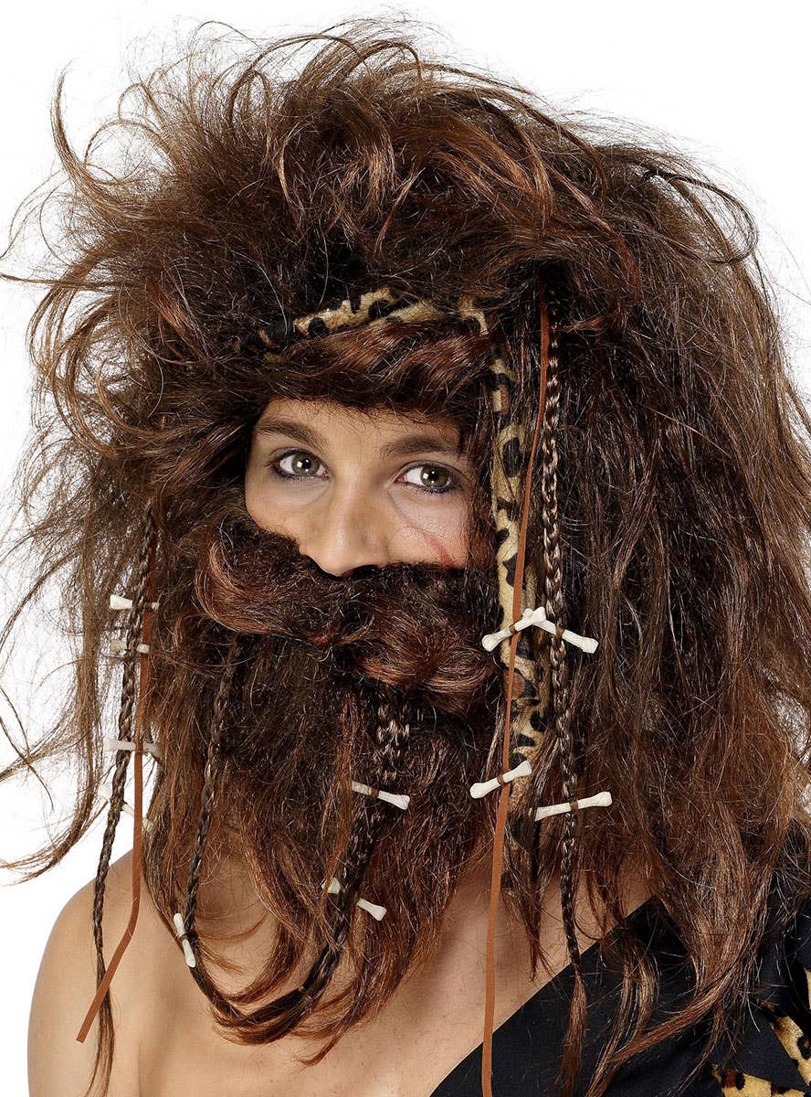 Image of Crazy Caveman Men's Brown Wig and Beard Set - Alternate Image