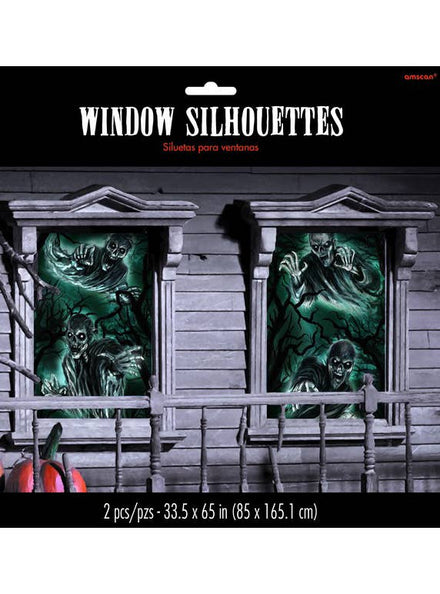 Image of Haunted Cemetery Window Silhouettes Halloween Decoration