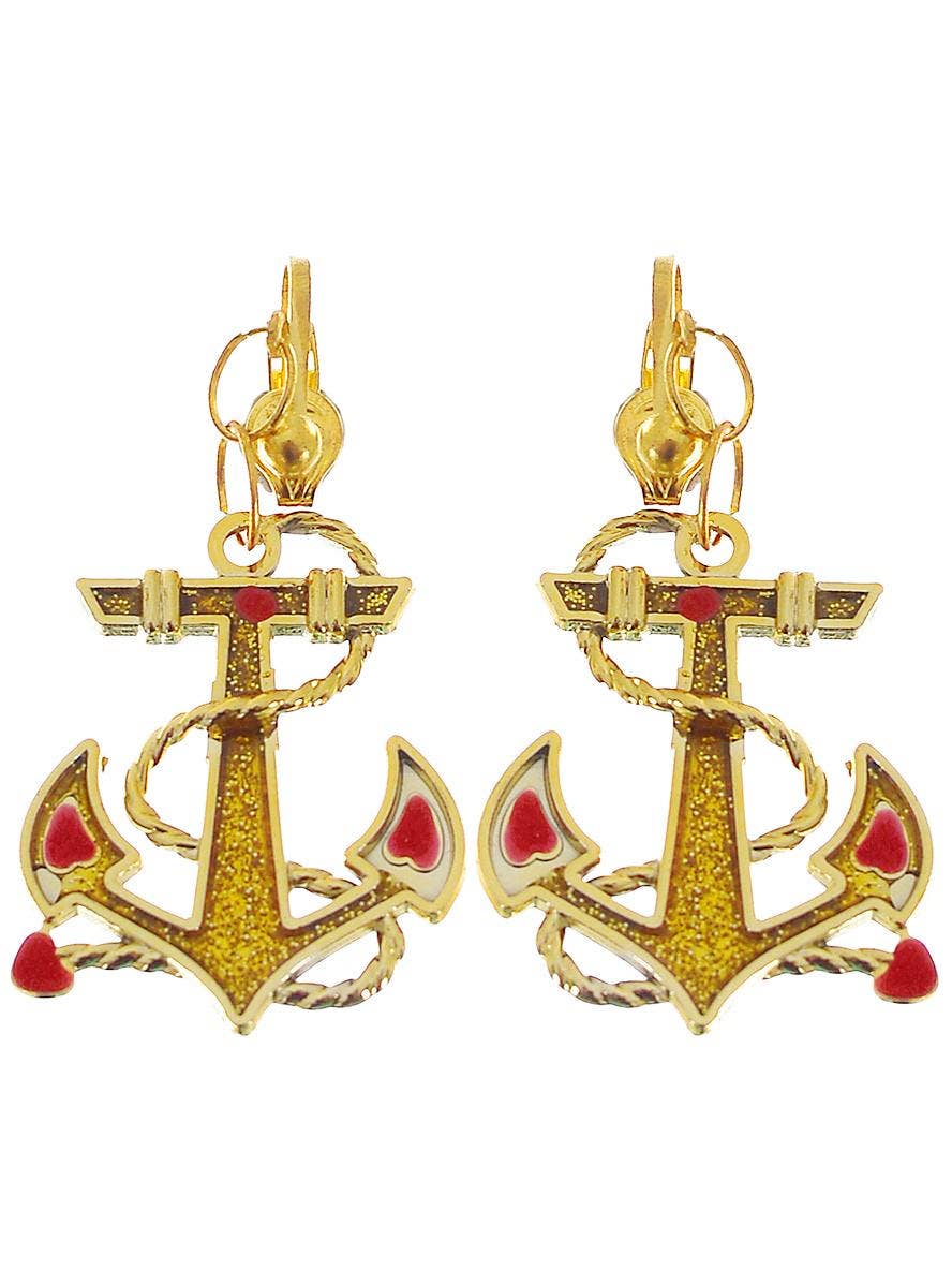 Gold Sailor Anchor Clip On Costume Earrings