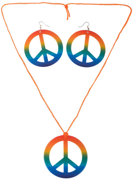 Rainbow Peace Symbol Necklace and Earrings Hippie Costume Accessory Set - Main Image