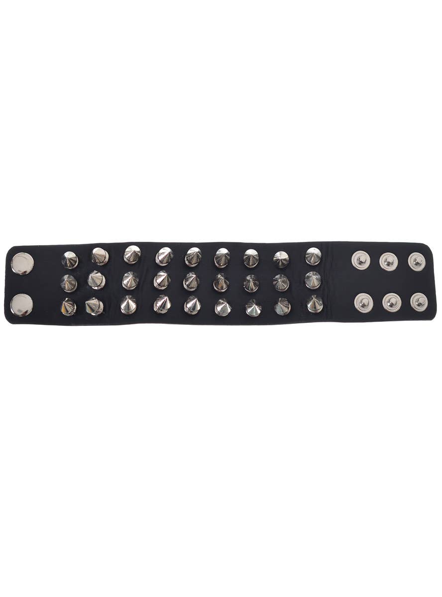 Punk Black Leather Look Wristband With Three Rows of Silver Spikes Costume Accessory - Unfastened View Image
