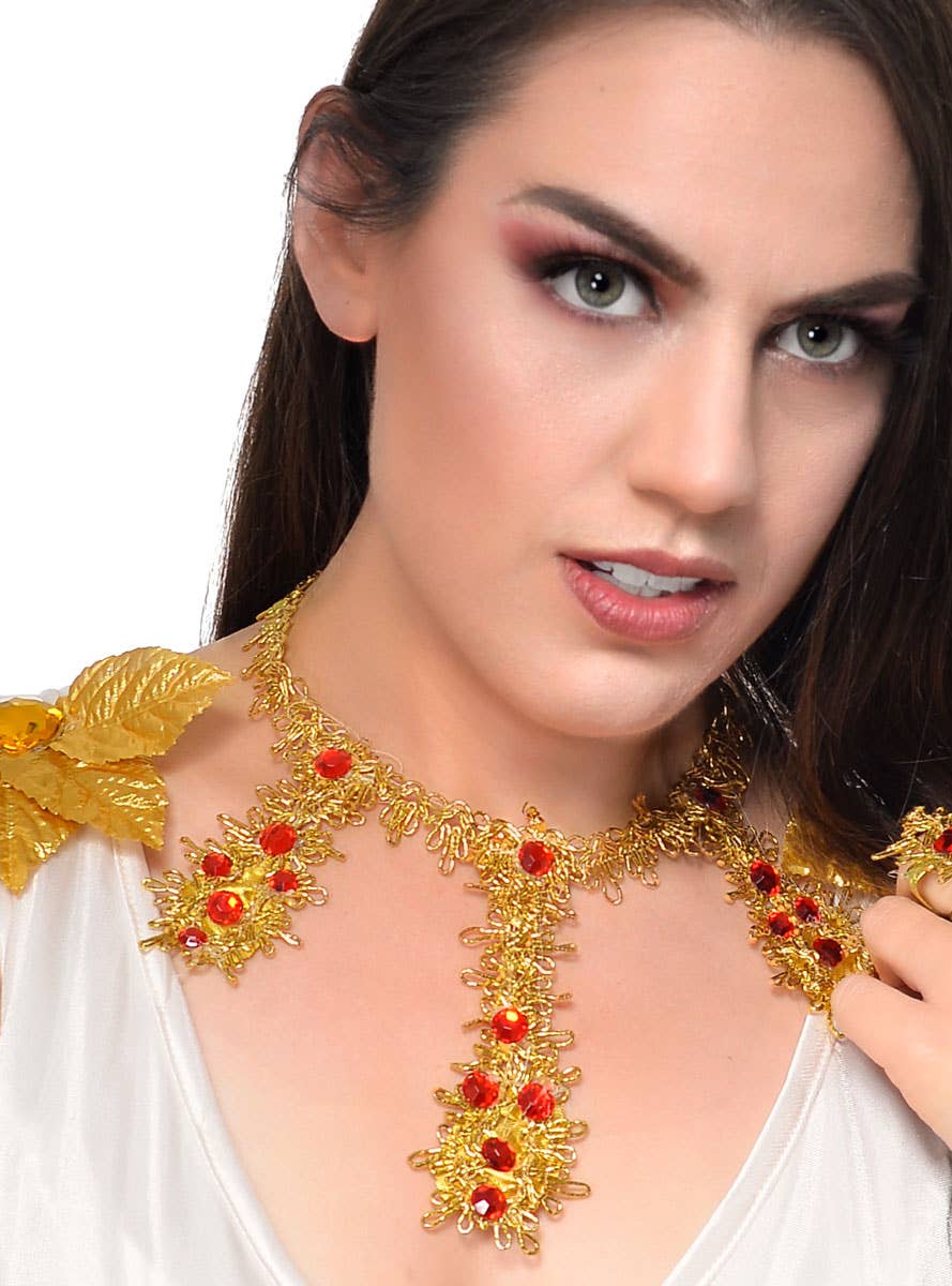 Gold Bollywood Necklace With Red Jewels - Close Image