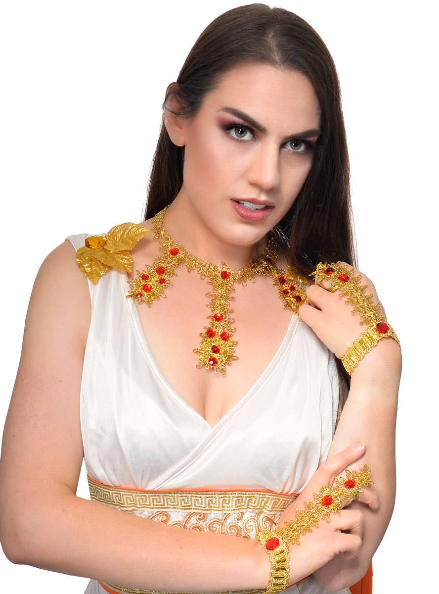 Bollywood Gold Costume Necklace with Red Jewels