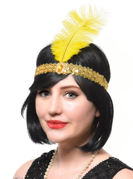 Sequin Gold 1920s Flapper Headband with Feather