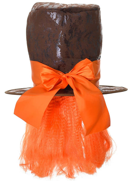 Brown Leather Look Mad Hatters Hat With Attached Orange Hair and Large Bow Costume Accessory