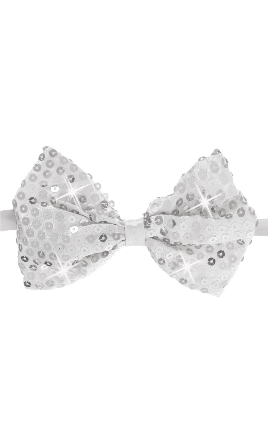 Sequined Silver Light Up Costume Bow Tie Front View