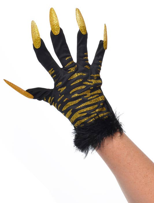 Black and Gold Tiger Print Gloves with Claws Front View