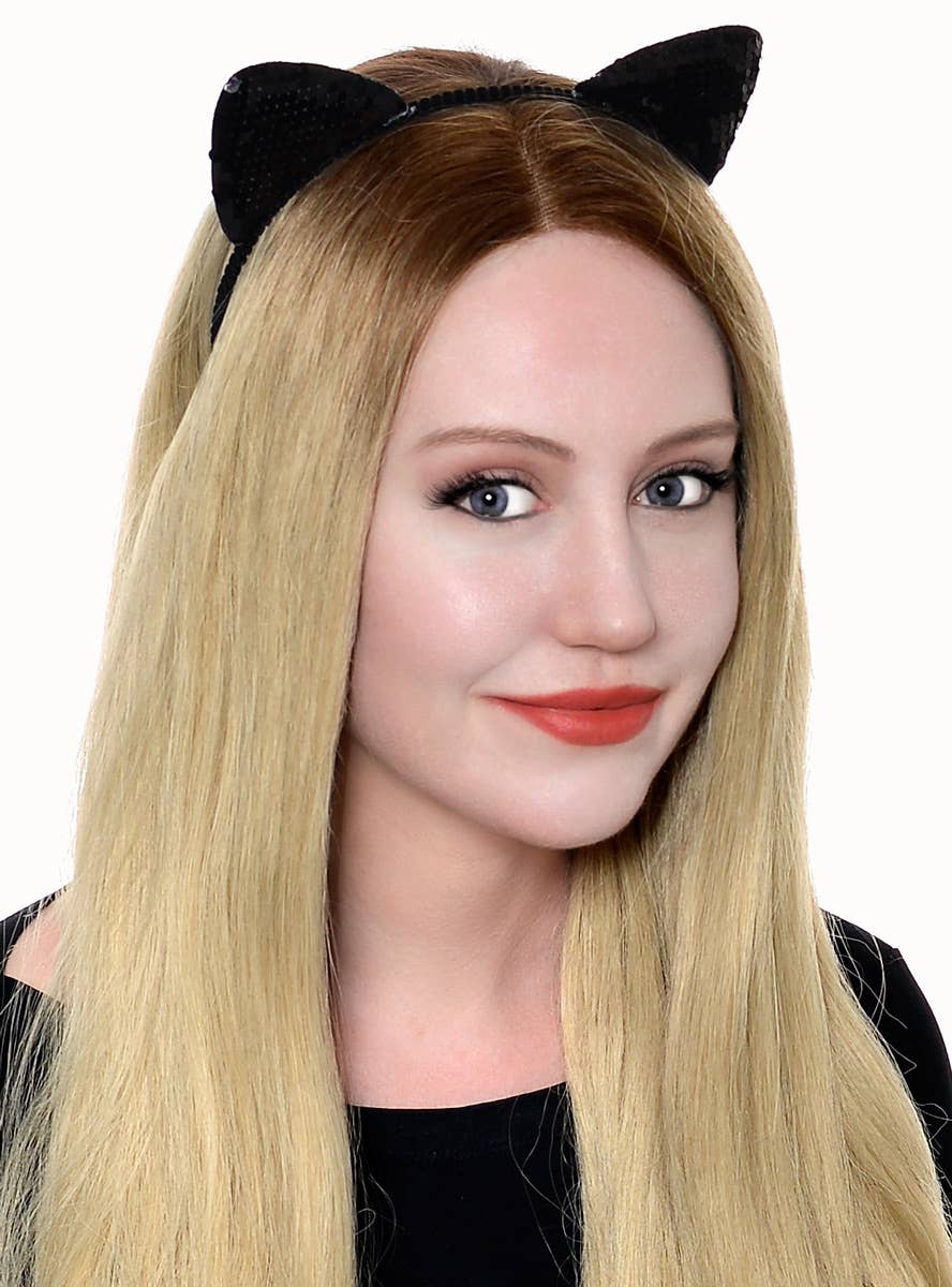 Cute Black Sequined Cat Ears Headband Costume Accessory