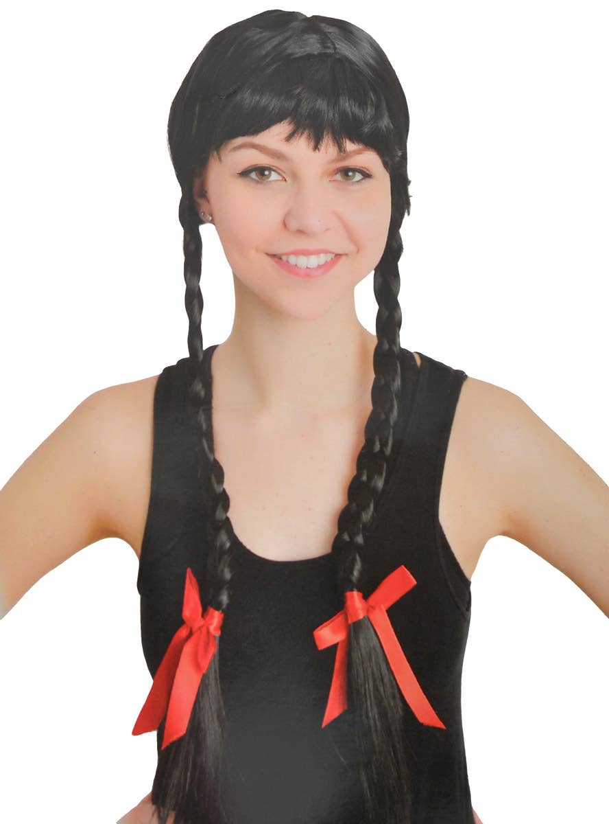 Women's Long Black Plaited Costume Wig with Bangs and Ribbons