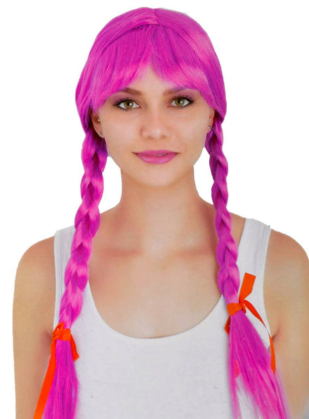 Bright Purple Women's Costume Wig with Plaits and Fringe