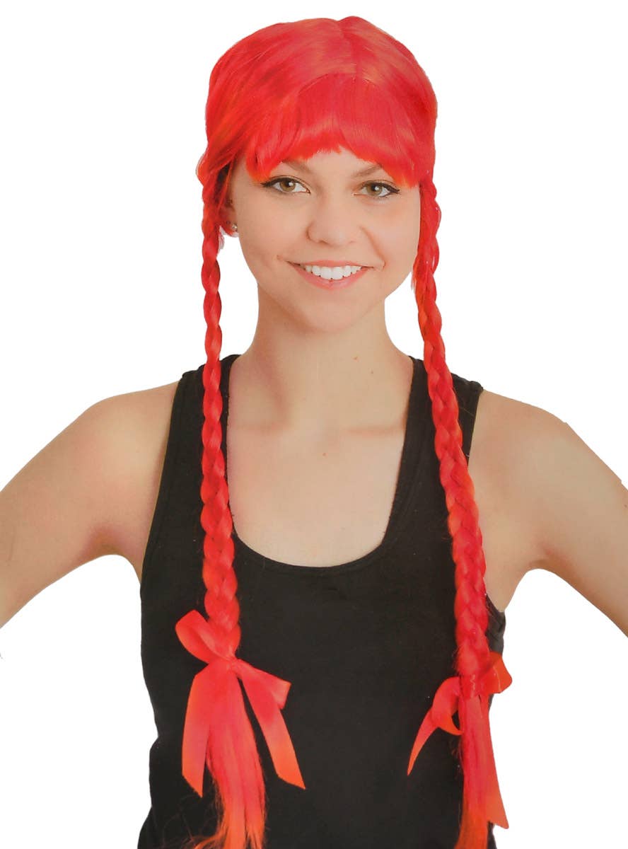 Women's Long Red Plaited Costume Wig with Bangs and Ribbons