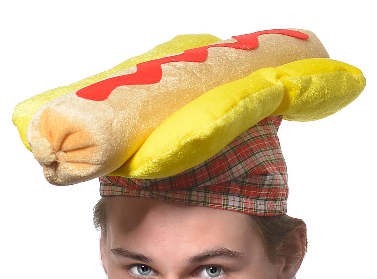 Funny Deluxe Plush Hot Dog Novelty Food Hat - Close Up Image